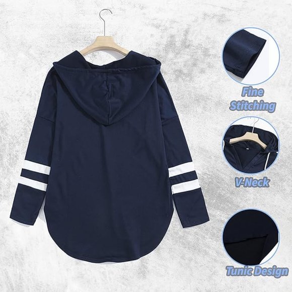 Women's Tunic Sweatshirt Long Sleeve Striped Color Light Weight Hoodie - Picture 2 of 4